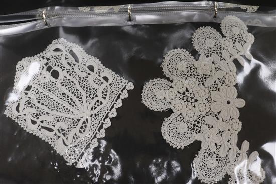 Three folders containing examples of needle lace, bobbin lace, some textiles from 18th/20th century